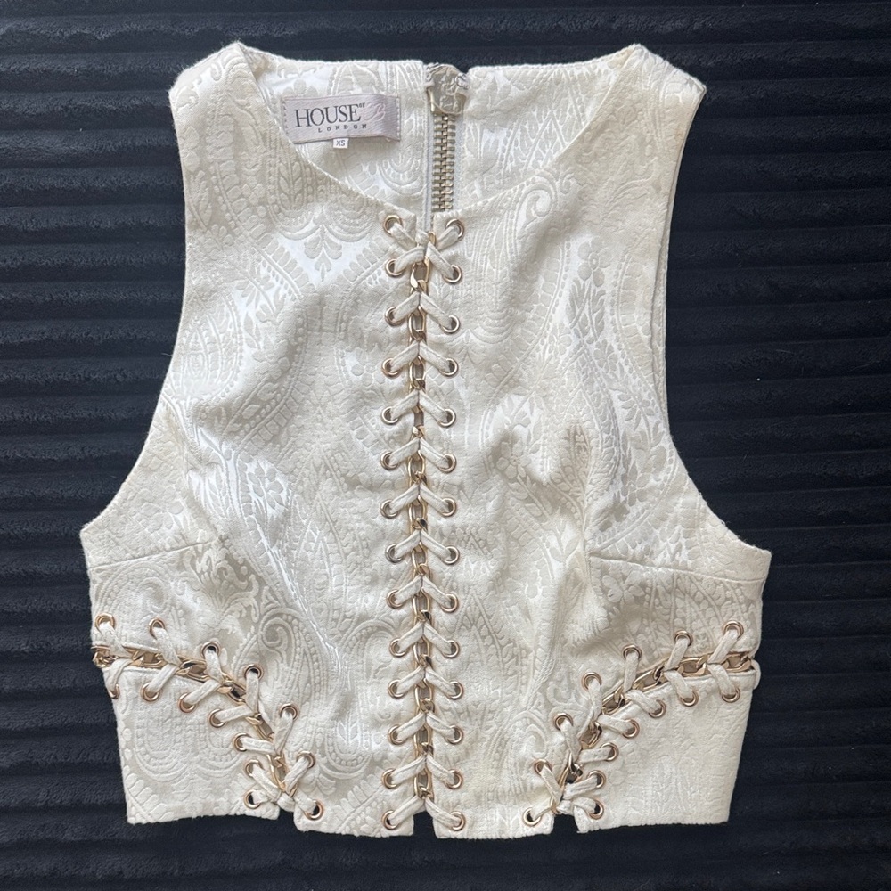 House of CB Cream Paisley Lace-Up Jacquard Crop Top